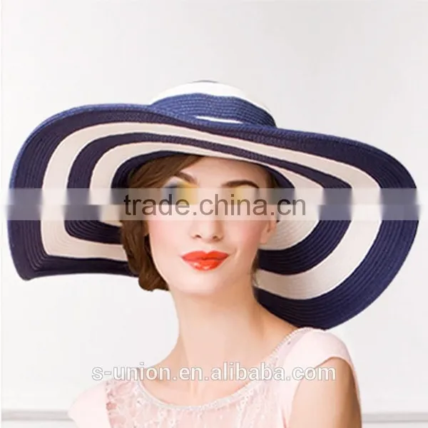 2016 New Fashion Summer Large Brim Beach Sun Womens Hats Ladies Black and White Stripes Floppy Straw Hat photo-4