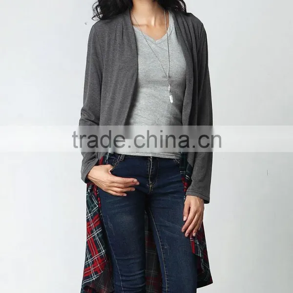 OEM Korean Style Designs Women Fashion Long Sleeve Charcoal Plaid-Hem Drape Sweater Cardigan photo-2