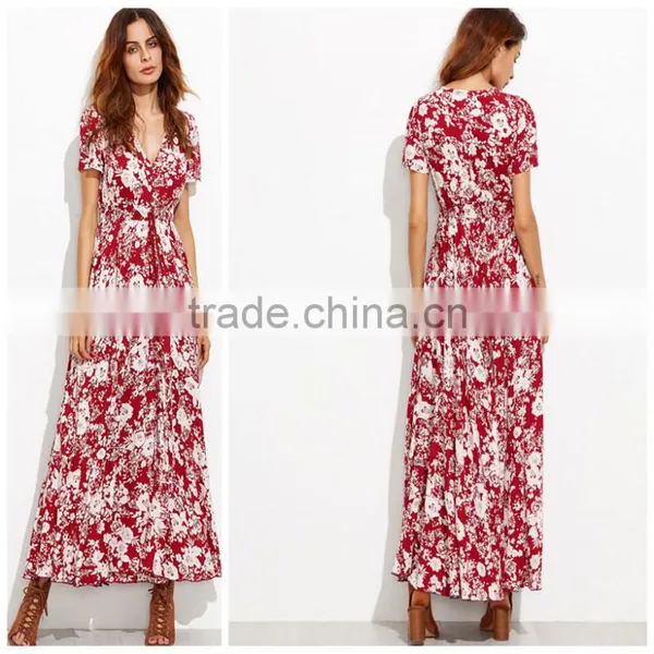 Woman Fashion Short Sleeve Floral Print Button Down Long Maxi Dress