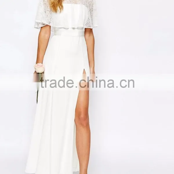 Fame And Partners Bridal Grown Lvory Maxi Split Dress With Lace Sleeves O-Neck For Wedding Party photo-3