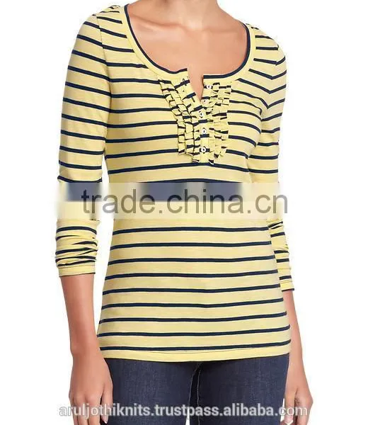 WOMEN STRIPED LONG SLEEVE T-SHIRT WITH RUFFLE PLACKET photo-2