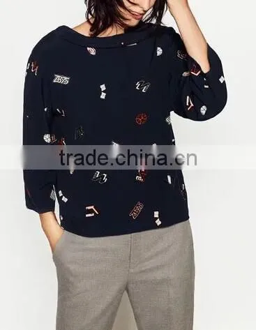 Runwaylover EY2339B Europe Style 2017 Ladies Fashion Label Printed Blouse photo-2
