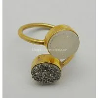 White & Silver Druzy 10mm Round Adjustable Silver Gold Plated Ring
