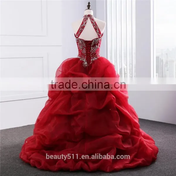 2018 Dramatic Quinceanera Dress Neck Line Beaded Appliques Red Organza Quinceanera Gowns ED025201 photo-4