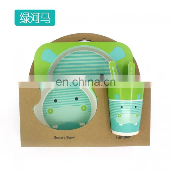 Bamboo Fiber Kids Dinnerware Sets-Home Plate Children Fork Eco-Friendly Dishwasher Safe Spoon Tableware Set Hippo Dinner Set
