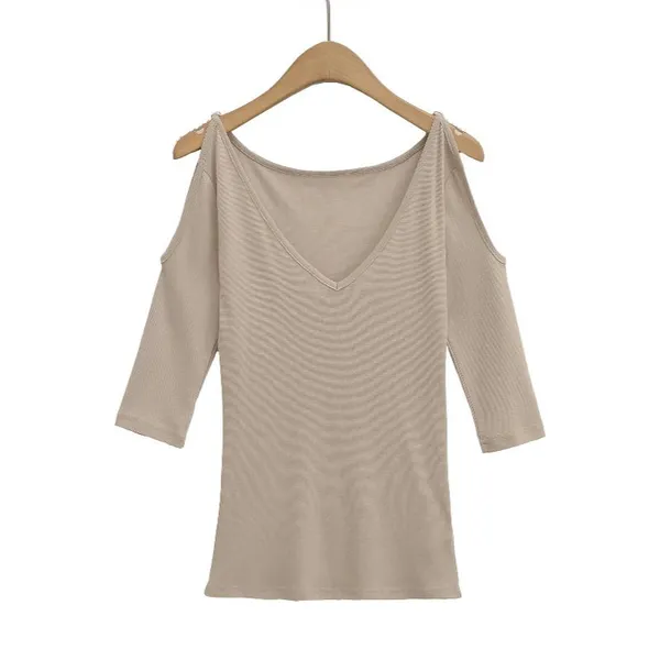 Summer New Fashionable Casual V-neck off Shoulder Design Slim Fit Top Solid Color Mid Sleeve T-shirt photo-5