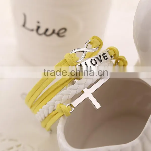 Mixed-Color Fashion Cross 8 Word Leather&Nylon Charm Infinity Bracelet/Hand Chain Alloy Jewelry photo-3