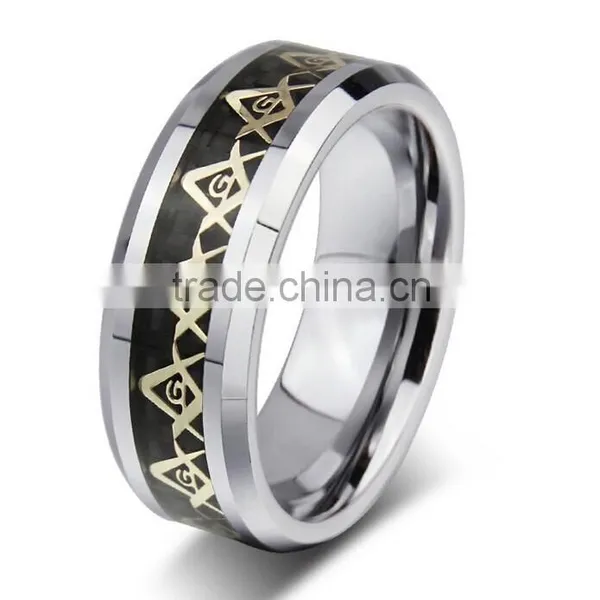 Low Cost Tungsten Wedding Ring With Masonic Logo Engraved
