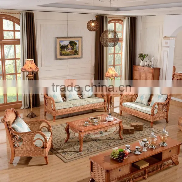 2015 High Quality Indoor 1+2+3 Sofa With Armrest Vintage Raw Rattan Cane Furniture for Salon
