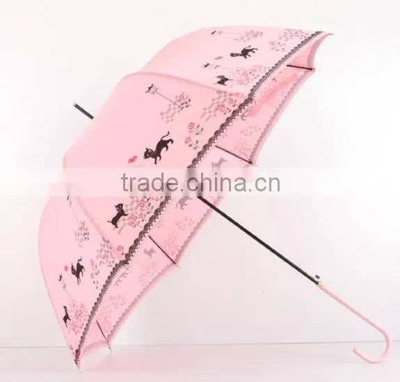 23 Inch Stick Crook Handle Cat Print Lady Umbrellas photo-5