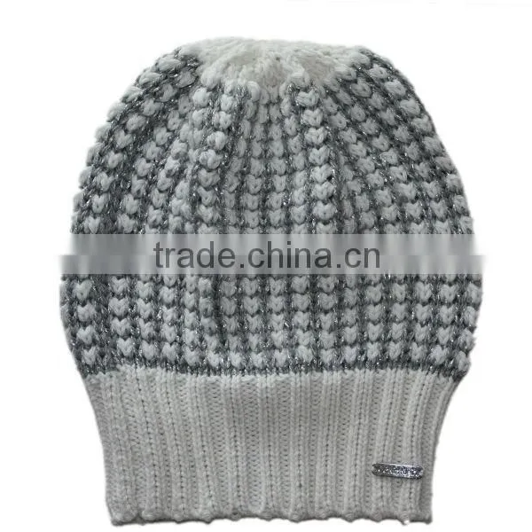 Lurex Popcorn Knit Cap Hat Beanie With Rib Cuff for Women