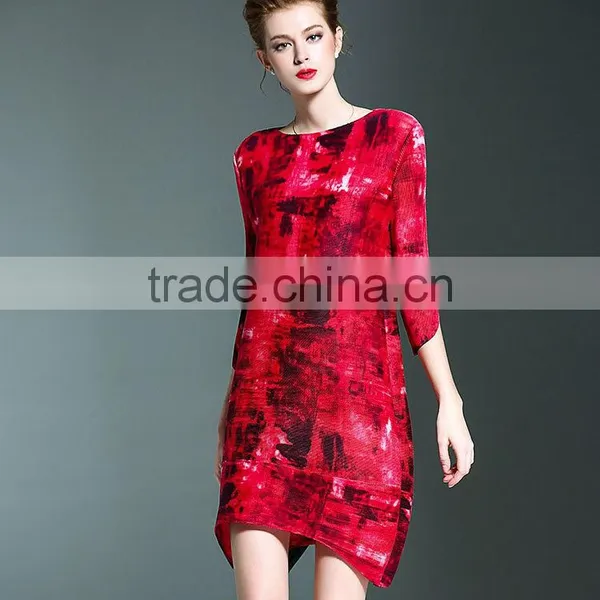 Latest European Ladies Digital Printed Gradients Wrinkled Dresses photo-5