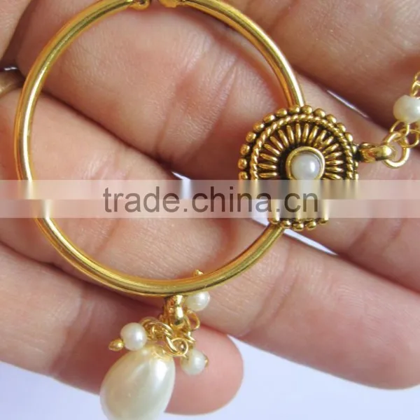 BIG HOOP NATH Press NOSE RING GOLD PLATED POLKI PEARL photo-4