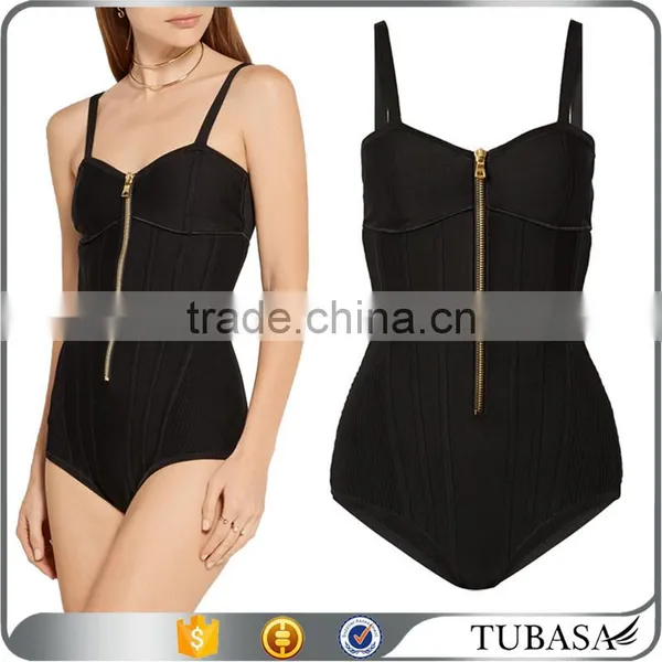 2017 Wholesale Women Seamless Black Stretch Knit Slimming Bodysuits With Zipper