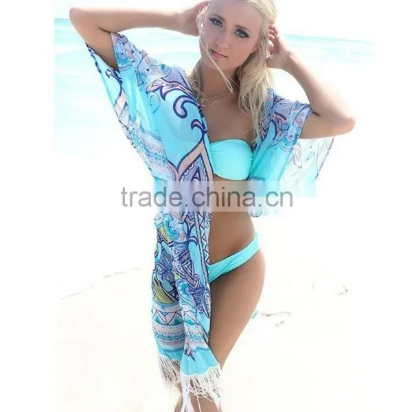 Women Beach Kimono Outside Blouse Chiffon Short Sleeve Sunscreen Tassel for Tops S6310004