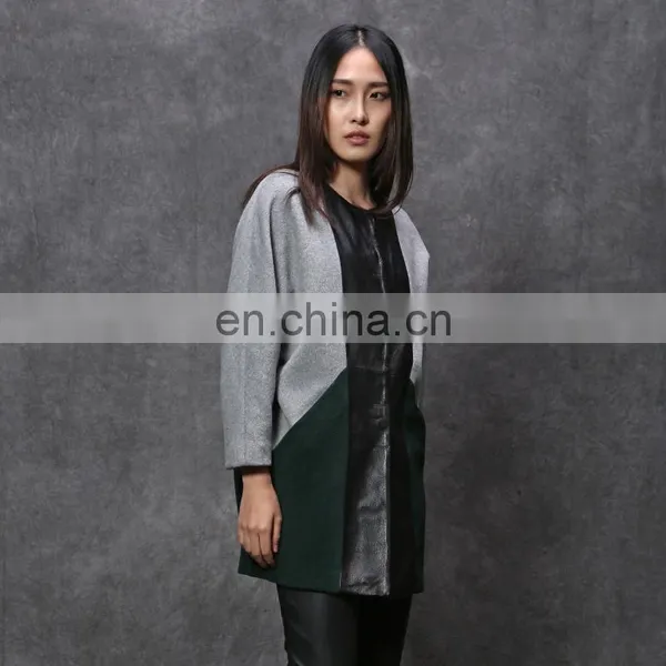 Wool Coat With Leather Patchwork Design for Women photo-4
