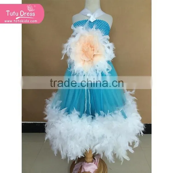 Hot Sale Lovely Girls Feather Dress Blue Tulle White Feather Children Feather Dress
