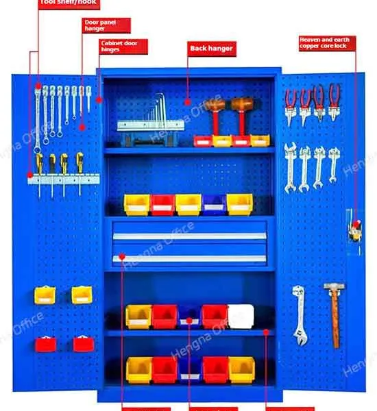 Steel Tool Storage Cupboard With Perforated Pegboard Doors and Hanging Hooks System photo-4