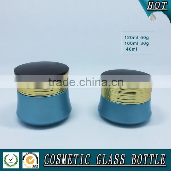 Bule Colored Cosmetic Glass Lotion Pump Bottle and Cosmetic Luxury Jar photo-3