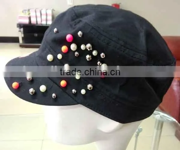 WLLS030324 100%Cotton Plain Black Stylish Military of Baseball Cap With Colorful Beads