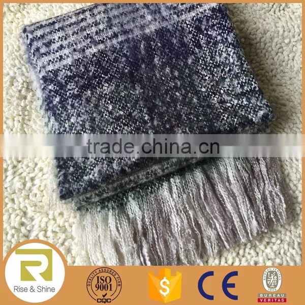 Wholesale 100% Acrylic Woven Boucle Yarn Navy Stripes Jacquard Heavy Brushed Fringed Shawl Scarf