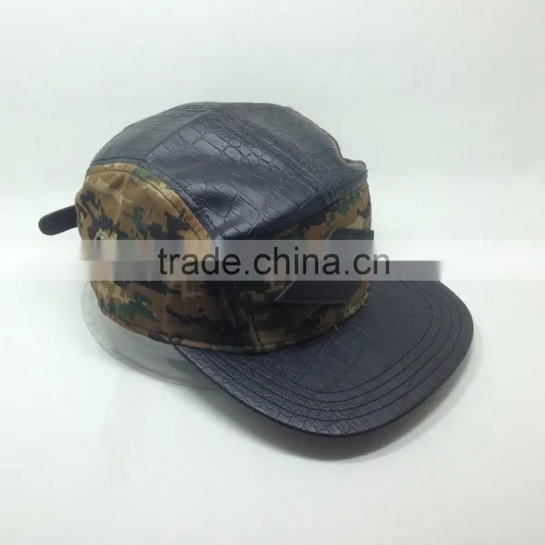 High Quality Flat Brim Black Leather 5 Panel Hat With Label photo-4