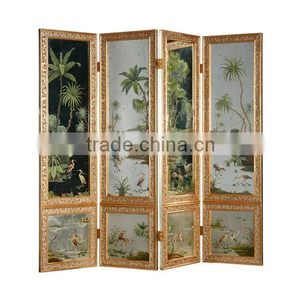 Elegant Gold Painted Wooden Floor Screen, Flower & Bird Design Decorative Curio Four Panel Folding Screen photo-3
