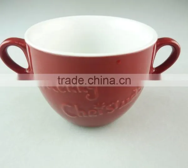 Stock Cheap Red Color Ceramic Soup Cup With Two Handles photo-2