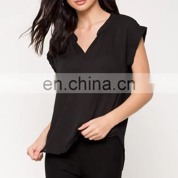 Wholesale Blank Split Neck Short Sleeve Black t Shirts for Women photo-5