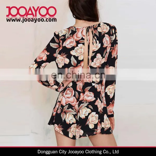 Women Floral Print Romper Suits Long Sleeve Rose Print Jumpsuit Short photo-2