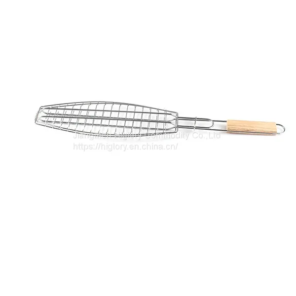 BBQ Fish Grill Basket Chrome Plated BBQ Barbecue Grill Accessories Mesh Wire Fish Basket With Wood Handle photo-3