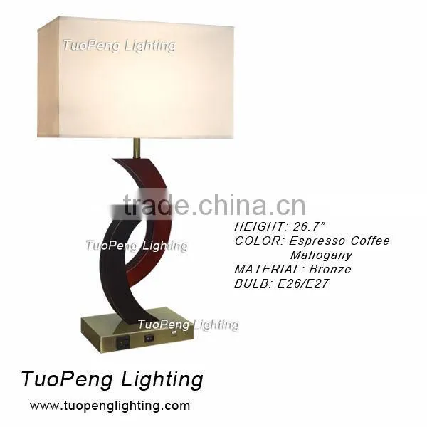 Night stand lamp with 3 way push button base switch and 2 outlet