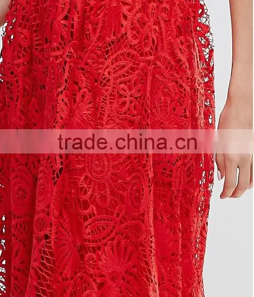 Clothing OEM Shiny Red Lady Women Midi Dresses Prom Lace Dresses photo-6