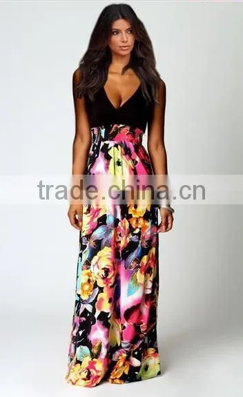 2016 NEW Fashion Print Floral Dress Deep V-neck Sleeveless Maxi Dress photo-4
