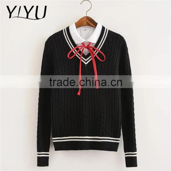 OEM Service Women White Stripes V-neck School Uniform Cable Knit Sweater photo-2