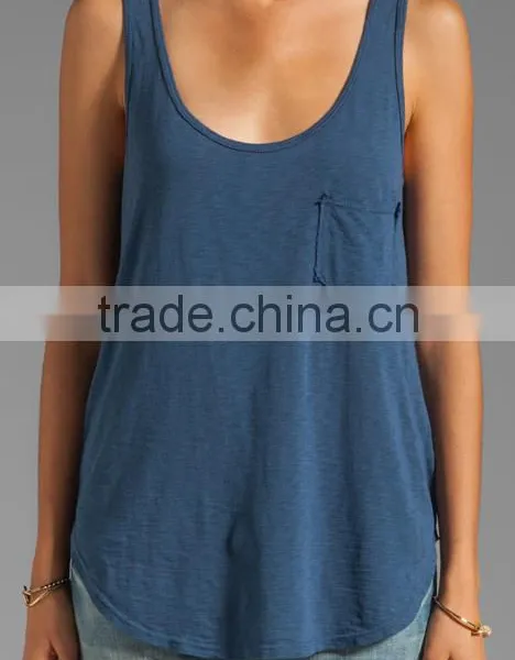 Front Breast Pocket Slub Jersey Boyfriend Casual Tank Tank for Girls photo-3