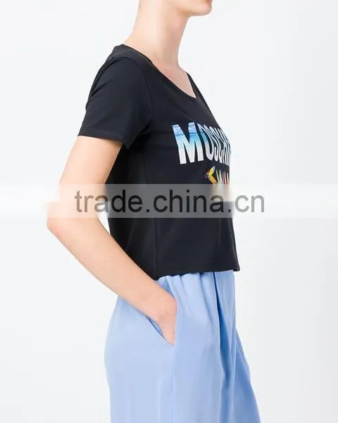 Custom Short Sleeve Cotton Black Printed T-Shirts For Women,Top Quality Silk Printing Womens Black T-Shirts Clothes photo-5