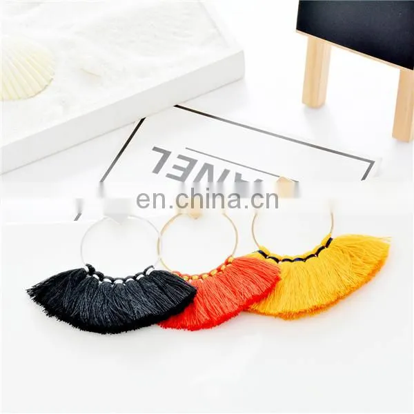 Fashion Women Vintage Geometric Fan - Shaped Cotton Tassel Dangle Ear Stud Earrings photo-6