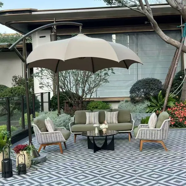 Outdoor Patio Set With Cantilever Umbrella / Motorized Pergola, Weatherproof Wicker & Aluminum Sofa Set for Garden & Poolside photo-3