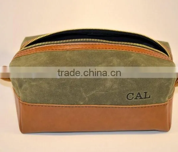 High Quality and Personalized Waxed Canvas and Leather Bag , Waxed Canvas Zipper Pouch With Leather Accents , Waxed Canvas Pouch