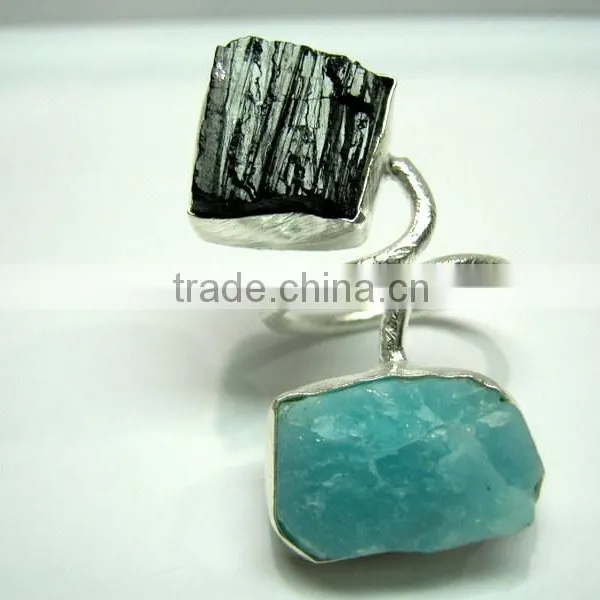 Amazonite and Black Tourmaline Raw Gemstone 925 Sterling Silver Ring photo-4