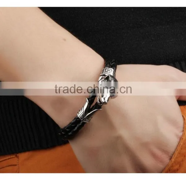 Men Stainless Steel Wolf Bracelet , Braided Black Leather Bracelet photo-6