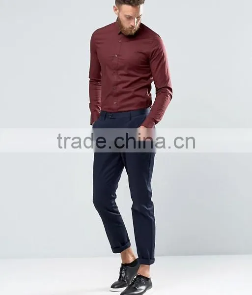 Guangzhou High Quality Custom Long Sleeve Point Collar Mens 97% Cotton 3% Elastane Casual Slim Fit Plum Solid Shirts photo-4
