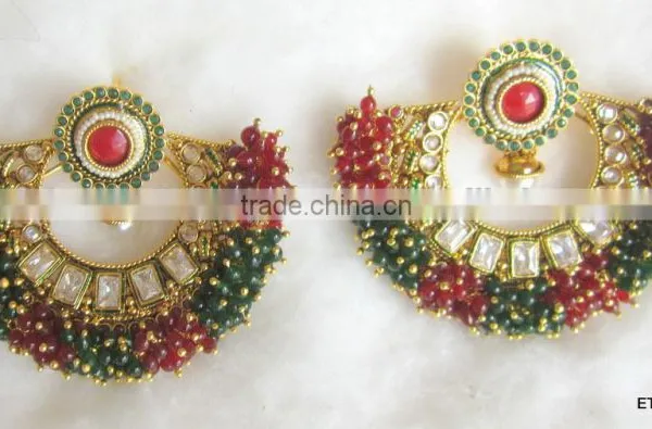 Anarkali Bollywood Beads Polki RAM LEELA Gold Tone Dangler EARRINGS photo-6