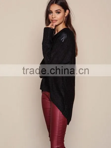 MGOO Brand Sweaters Pullover Model Black Leathertte Sweaters Knit Hi Low Fashion Clothing Urban photo-6