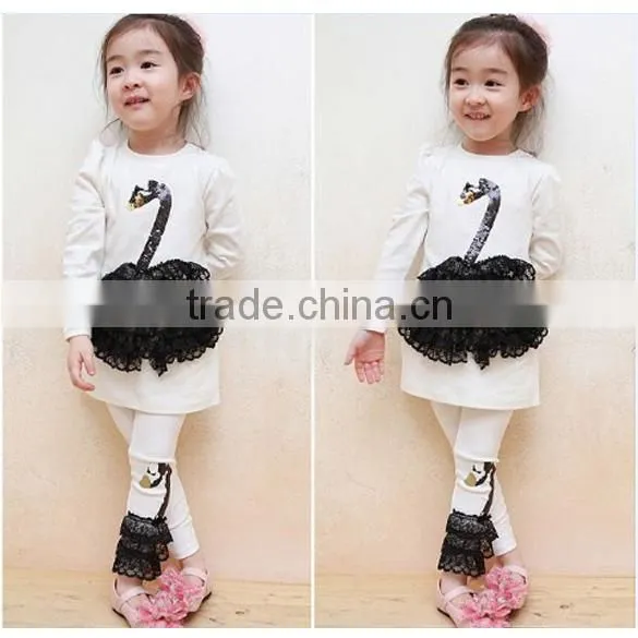 Black and White Baby Girl Swan Cotton Suit Autumn Children Suit for Girls Fall Paragraph T-shirt +Pants 20019