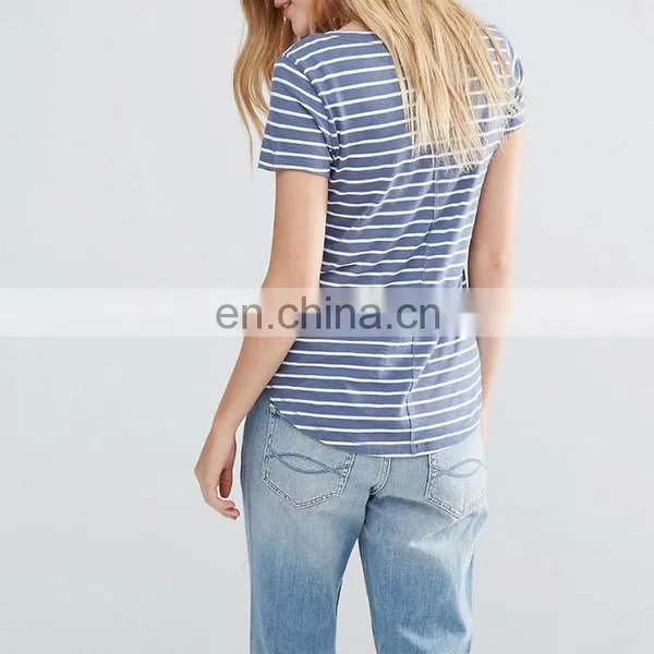 Bulk Wholesale Clothing Custom Women Elongated Extended Wholesale Striped T-shirt photo-3