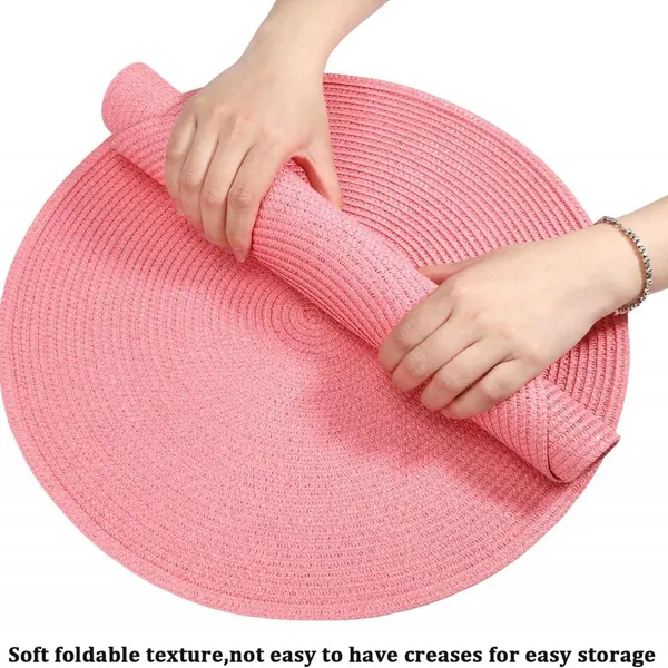 Round Pink Color Braided Placemats 15 Inch for Natural Woven Heat Resistant Place Mats Set of 6 photo-4