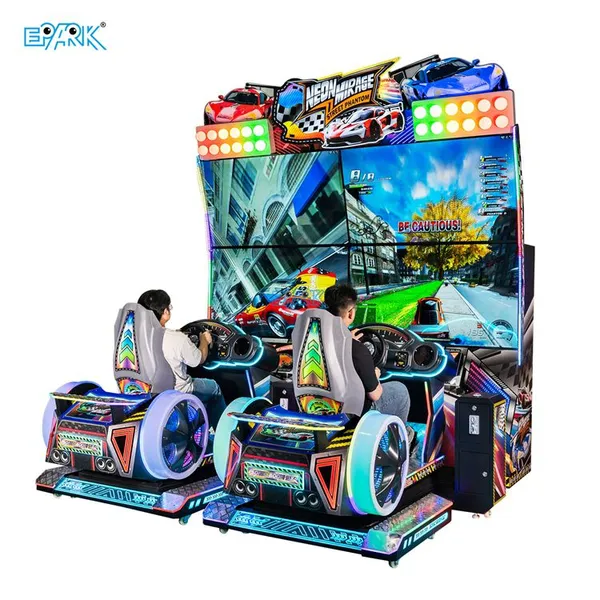 Multiplayer Driving Simulator Game Machine with Twin Seats Steering Wheels and LED Cabinet for Arcade Operators and Indoor Game Zones
