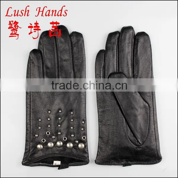 2016 Popular Women Genuine Leather Gloves With Metal Rivets and Knuckle Holes